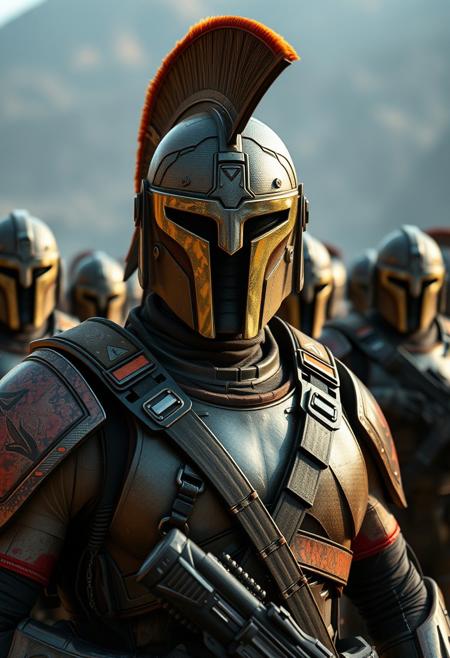distant future, Spartan commander, close-up in front of a line of Spartan soldiers in high-tech uniforms and weapons