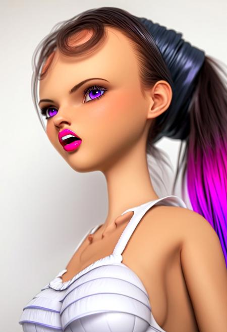 8K, depth of field, focused subject, dynamic angle, sexy pose, best quality, detailed eyes, perfect eyes, realistic eyes, long hair, rainbow highlights, high ponytail, sidelocks, purple eyes, mascara, makeup, red lips, mouth open, transparent, see-through maid outfit, medium breasts, no bra, covered nipples, covered areolae, downblouse, BREAK, leaning forward slightly, front view, looking at viewer, dynamic angle