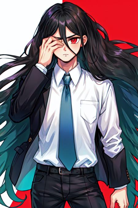 Izuru black hair, very long hair, red eyes black jacket, necktie, white shirt, black pants frown, bored