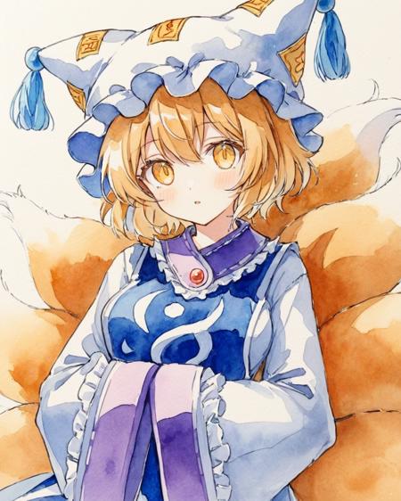 yakumo ran,1girl, solo, fox_tail, hat, traditional_media, painting_\(medium\), hands_in_opposite_sleeves, looking_at_viewer, pillow_hat, watercolor_\(medium\), multiple_tails, tabard, upper_body, wide_sleeves, frills, long_sleeves, white_dress, parted_lips, lips, tassel, constricted_pupils, signature
<lora:yakumo_ran_image6380_2023-12-20-000004:1>,star-shaped_pupils,symbol-shaped_pupils,. gorgeous,key visual, vibrant, studio anime,award-winning, professional, highly detailed,high budget, cinemascope