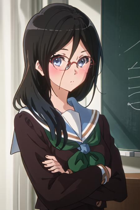 best quality, masterpiece, highres, solo, {tanaka_asuka_soundeuphonium:1.15}, black_hair, long_hair, glasses, blue_eyes, blush, red-framed_eyewear, serafuku, over-rim_eyewear, semi-rimless_eyewear, closed_mouth, hair_between_eyes, 1girl, kitauji_high_school_uniform, neckerchief, sailor_collar, school_uniform, white_sailor_collar, brown_shirt, looking_at_viewer, shirt, green_neckerchief, indoors, bangs