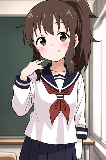 masterpiece, best quality, <lora:takagawa_sumire:0.7> takagawa_sumire, 1girl, solo, long hair, blush, smile, brown hair, ponytail, black eyes, looking at viewer, serafuku, sailor collar, red neckerchief, pleated skirt, indoors, classroom,