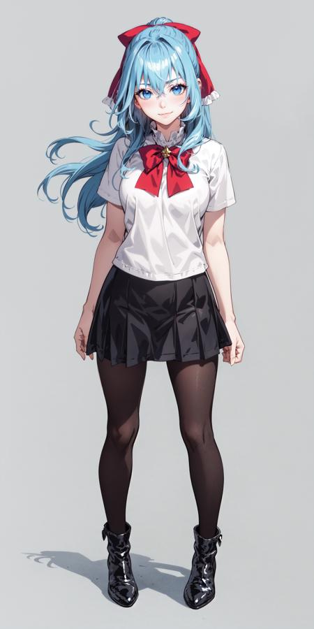 full body, evil smile, closed mouth BREAK sgliselotte, long hair, blue hair, blue eyes, sidelocks, hair bow, red bow BREAK blue t-shirt, black miniskirt, black boots, pantyhose BREAK simple background, grey background  <lora:liselotte-sd15-6-000007:0.8>