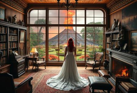 An old style 1800's library with old furniture, a large amount of books on shelves with an assortment of artifacts on shelves, some paintings on the wall, and a lit fireplace. There is a large wall sized window looking out into a beautiful garden with an erupting volcano background, the lava is almost to the window. In the middle of the room, a single red haired, green eyed woman in a white wedding dress is looking out the window crying.