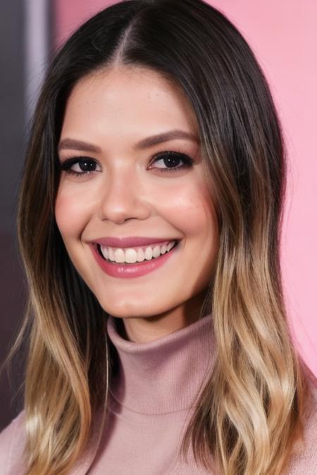 Photo of beautiful v1t0r1a5tr4d4 woman, detailed face, (blurred background)+, pink turtleneck blouse, analog film grain, smile, makeup+