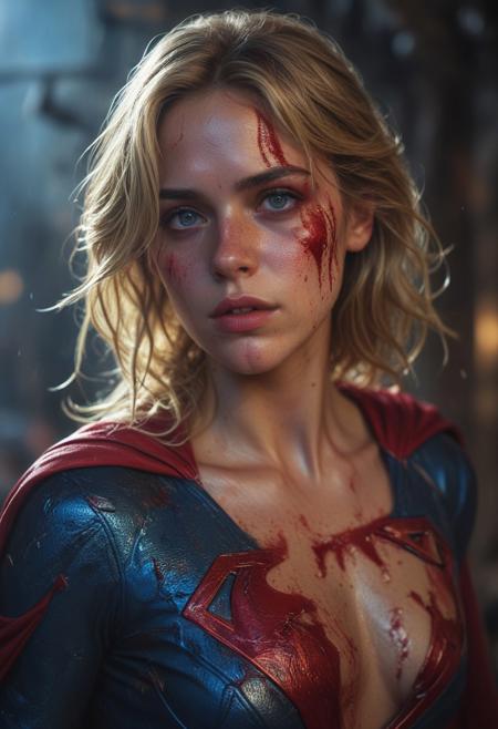 High resolution ultra-realistic of Beautiful bloody Supergirl fighting against alien invasion, cinematic style, standing on a bloody and stormy battle in a destroyed city in a fighting pose, bloody and dirty, realistic blue combat costume, red mini skirt, red cape, perfect athletic figure, wavy blonde hair, handsome bloody face, beautiful perfect detailed pupils, wet oily shiny skin, covered in dirty and blood, beautiful firm Breasts, defiant and seductive, attractive 21 year old Supergirl, 8k resolution concept art portrait by Greg Rutkowski, Kiernan Shipka, Dark Gotham City, Artgerm, WLOP, Alphonse Mucha, dynamic lighting, hyperdetailed, intricately detailed, Splash art trending on Artstation triadic colors, Unreal Engine, 5 volumetric lighting, Cinematic Lighting, intricate, smooth, sharp focus digital painting, Asymmetrical Balance, realistic eyes, ultra detailed atmospheric details, sparkle effects, realistic body proportions, beautiful body Supergirl proportions, complex masterpiece, dramatic atmosphere