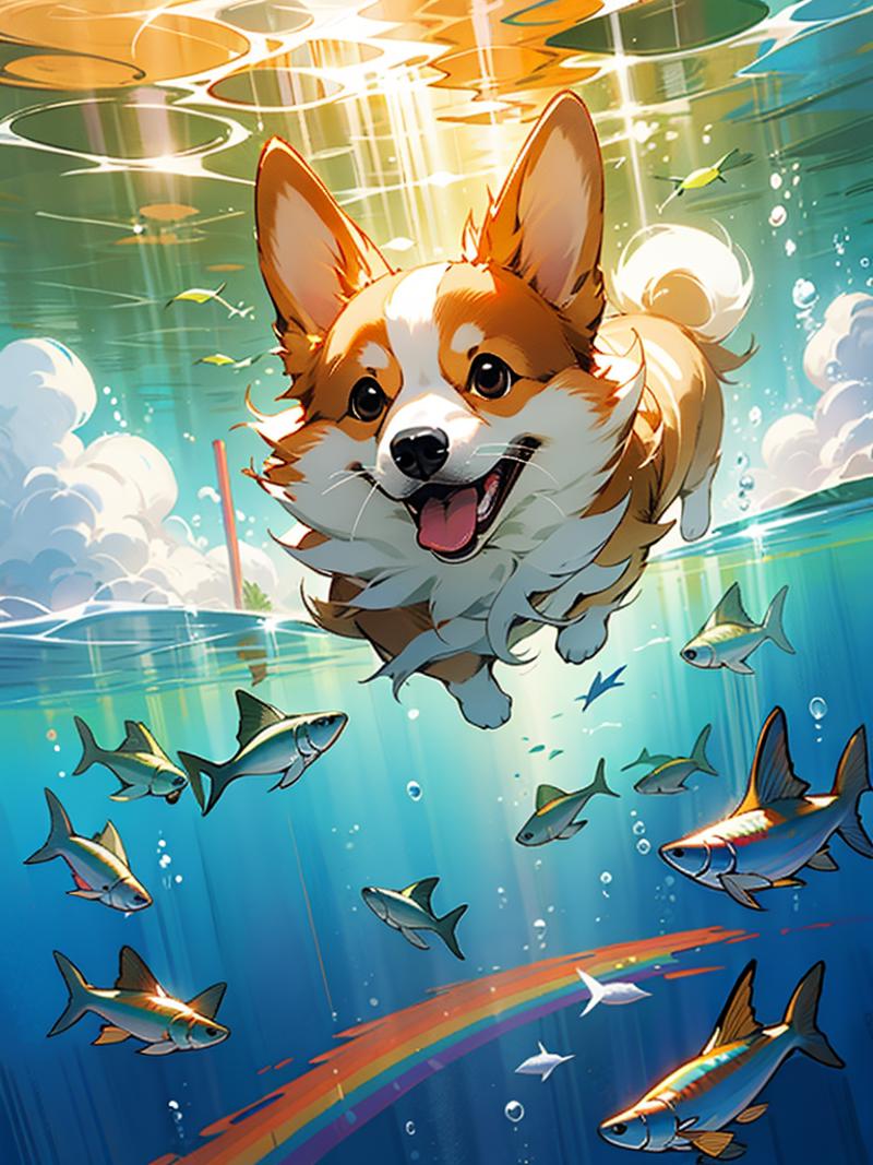Master works, high quality, film quality, a dog, corgi, flying in the sky, with sun goggles,underwater scene, clouds, rain...