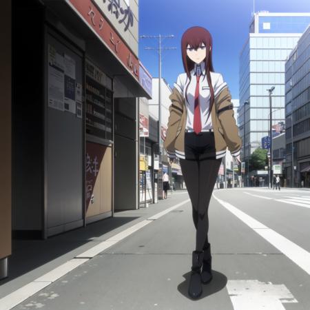 KurisuMakise,1girl, off shoulder,brown jacket,collared shirt,red necktie, black shorts, black pantyhose, black footwear,boots,