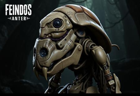 A detailed, lifelike robot design, with mantid features and an anthropomorphic turtle appearance, set against a Fiend's Sanctuary background. The robot is emaciated and modeled in Blender, with a cybernetic eye and potential resident evil virus concept. This design is influenced by the style of artists such as Tooth Wu, Wlop, Beeple, and Greg Rutkowski, and could be featured in Outer Wilds or trending on Artstation.