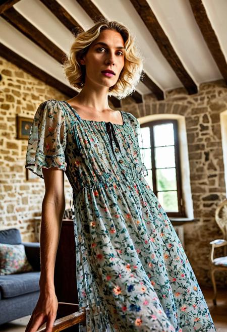 photoshoot, 
polish crosdresser model Karolina, 
androgynous face expression, 
short blonde wavy hair style, 
(flatchested:1.5),
male chest, 
very tall,
very slim, 
wearing a long breezy transparent floral print summer dress, 
looking at viewer, 
low-angle shot, 
bokeh,
close-up shot, 
setting is a living room in a French farmhouse ,
old wooden furniture, 
ceiling beams, 
Rustic sandstone walls, 
chimney, 
colorful high lattice window, 
sunbeams, godrays, warm lights, 
perfection style, perfection, perfect