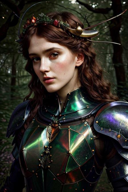 Pre-Raphaelite portrait of (beautiful face, long neck, slender arms)) Mantis armor, greater stag beetle, crab diadem, glowing, detailed background, floating particles, darkness, forest