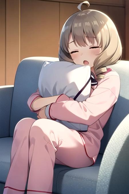 <lora:akiho_scc:0.7> masterpiece, best quality, 1girl, solo, open mouth, closed eyes, grey hair, ahoge, indoors, drill hair, twin drills, pink pajamas, couch, sleeping, , pillow hug, zzz, night, indoors,