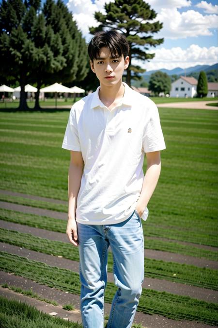 best quality, ultra high res, (photorealistic:1.4), masterpiece, blurry background,Park lawn,1boy,standing ,(looking at viewer), (closeup<lora:Chinese male idolv3:0.63>