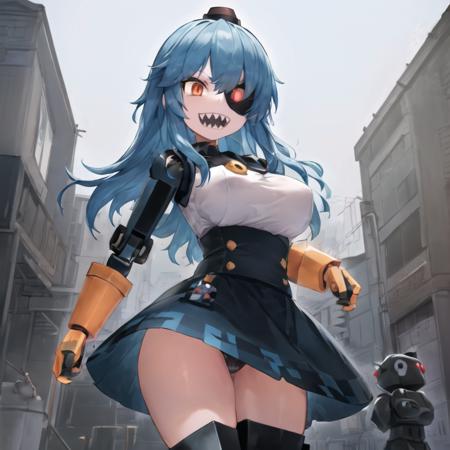 [blue hair, blue skirt:3], ((masterpiece, best quality)), mimi-sentry, sharp teeth, solo, humanoid robot, checkered skirt, eyepatch, siren hat, <lora:tf2Sentries-v11:0.7> <lora:Better Sharp Teeth 3:1>