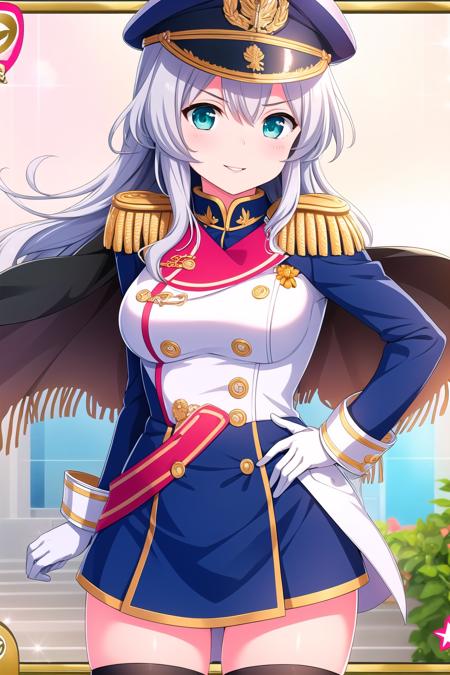 (masterpiece, best quality), highly detailed background, perfect lightingbest quality, anetteolgakarasawa, solo, military hat, grey hair, white hair, long hair, v-shaped eyebrows, aqua eyes, medal, breasts, cape, epaulettes, uniform, white gloves, white skirt, miniskirt, military uniform, black thighhighs, smile, closed mouth, parted lips, pink lips, <lora:Anette-Olga-Karasawa:0.7>