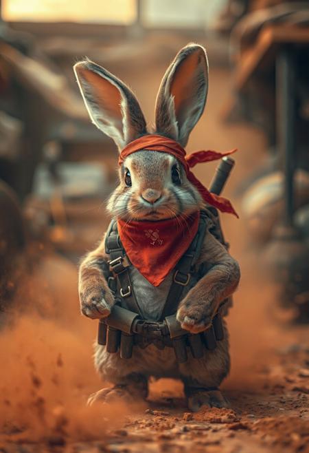 A high quality photo of a cute battle bunny with ammo belts and red bandana. dust in the air, effortlessly chic, beautiful, artistic, serene, detailed, slightly cluttered environment. dynamic poses, action and movement. High detail, heavy use of depth of field, 4k, super realistic, real photo, shot on Canon, camera, orange dreamy lighting, muted colors, zoomed out,