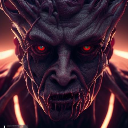 A scary demon, + symmetrical eyes + intricate details + zoomed out + portrait + face complete photo + f18 + extremely detailed + ultra - realistic + cinematic lighting + 4k + uhd + 3d + octane render + cinematic