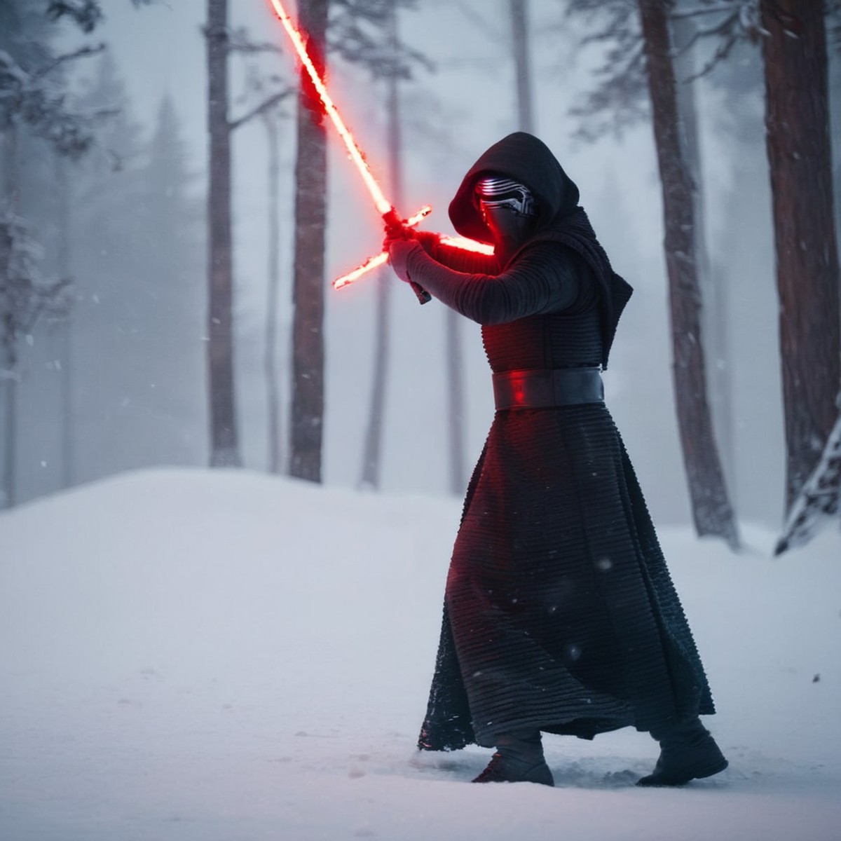 cinematic film still of  <lora:Kylo Ren:1.2>
Kylo Ren a person with a red lightsaber sword in the snow in star wars univer...
