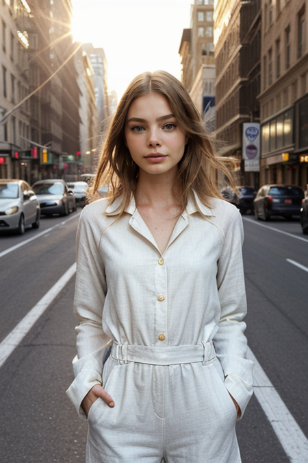 KristineFroseth, 1girl, (masterpiece, best quality, extremely detailed, perfect body, perfect face:1.2), modelshoot, pose, street photography, busy Manhattan street corner, serious look, sexy, jumpsuit, high heels, August, heat, sweat, sunset, golden hour, pastel sky, dusk