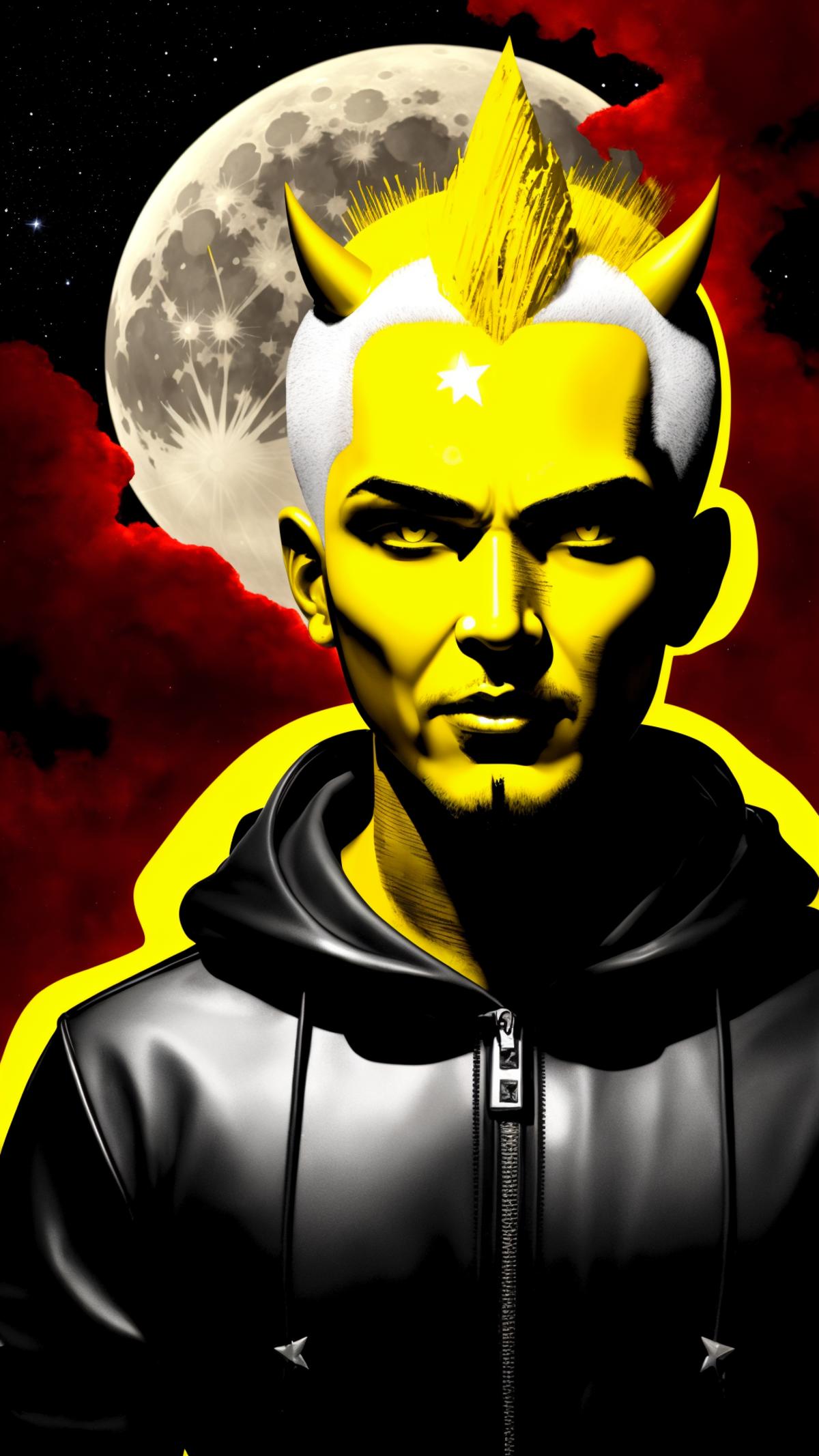 The image features a man with white hair and a yellow face, standing in front of a red backdrop. He appears to be an animated or computer-generated character, and is wearing a black hooded sweatshirt. The man is staring directly into the camera, creating a striking visual effect.