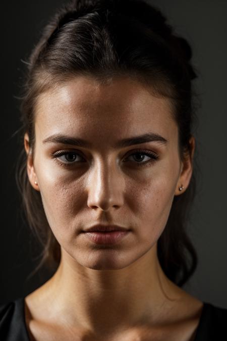 high quality, face portrait photo of 26 y.o european woman, wearing black dress, serious face, detailed face, skin pores, cinematic shot, dramatic lighting