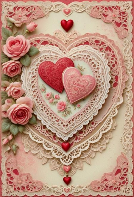 Rose,
Romantic couple, vintage Valentine’s, Victorian romance, floral patterns, lace details, heart motifs, antique paper texture, faded pastels, red and pink hues, nostalgic greeting card, soft lighting, sentimental, ornate design, classic illustration