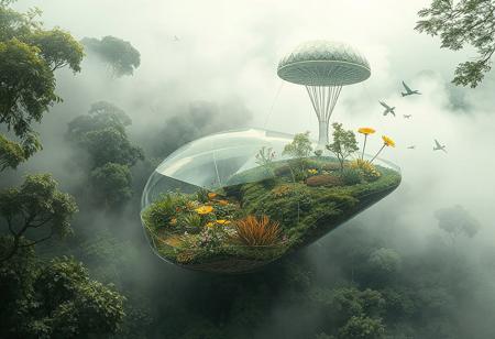 In a speculative drawing collage style, a biotech simbiogenetics bank micro ecotone is depicted as a sleek, fractal-like structure embedded within a lush, humid fog-filled environment. The compact symbiotic design, grounded in amphibious principles, features inflatable deployable structures that disperse seeds, vegetation buds, nutrients, and pollinators through various methods including ballistic, wind, and water. This intricate system is seamlessly integrated with atmospheric rivers, connecting the Amazonia Forest to the Chingaza Paramo, showcasing the interconnectedness of regional ecosystems in a highly detailed, wide background.