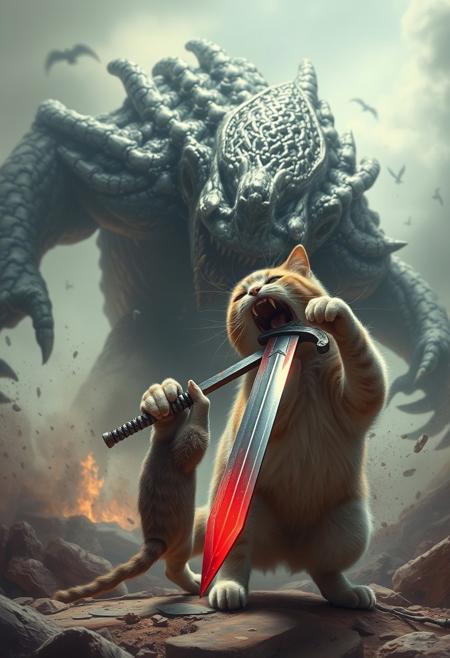 epic fight, cat with sword in mouth vs monster