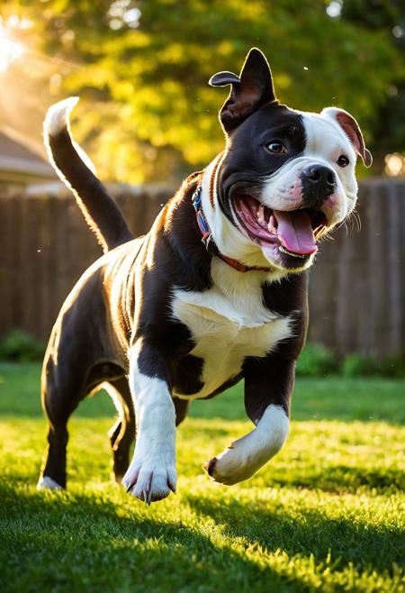 Pittbull bulldog, 
mid-tumble over a well-worn football, 
tongue lolling out in a wide grin, 
evening golden light casting elongated shadows, 
playful scene unfolding in a lush, 
green backyard, 
focus on gleeful expression, 
fur texture detailed, 
dynamic motion blur emphasizing playfulness, 
shallow depth of field with bokeh effect in background, 
sun flare, 
digital painting, 
vibrant color palette, 
high resolution.