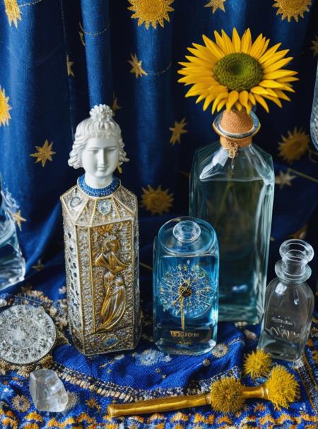 RAW photo, subject, 8k uhd, dslr, high quality, film grain, Fujifilm XT3, professional photo, high quality,  <lora:Wizardcore:0.7> , wizardcore, star theme, wizardcore scene,  wizardcore still life, cornflowers, dandelion, vase, bottle, crystal, stone, clock, tablecloth, patterned fabric, charm, statue, hard shadows,