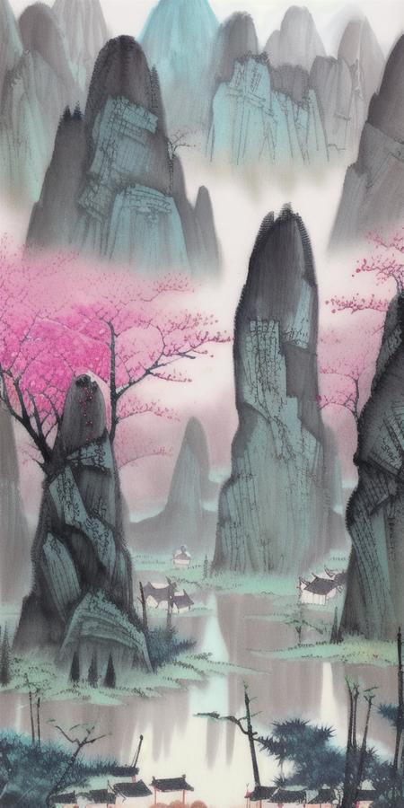 UIASM,building,Ink painting, illustration, Chinese architecture, lake, algae, hibiscus, distant mountains, moon, in autumn, a tree with pink flowers blooming, island, boat, on terraces, green trees, blue sky<lora:UIASM2.0:1>