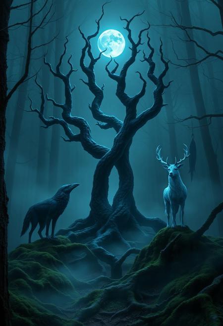 “A hyper-realistic, eerie depiction of the Algiz rune in a mist-shrouded, ancient forest. The Algiz symbol towers above, crafted from dark, gnarled branches that twist upward, almost resembling skeletal fingers reaching toward a dim, ominous moon. The symbol glows with a ghostly, electric-blue hue that pulses subtly, casting shadows across the forest floor, thick with moss and tangled roots. Strange, spectral animals—wolf-like creatures with piercing eyes, a lone raven perched on a twisted branch, and a spectral elk with glowing antlers—surround the rune in a protective, ritualistic stance. The mist swirls with a soul-like essence, tinted in dark blues, greens, and deep purples, creating an otherworldly, haunting atmosphere. Sharp details capture the cracked bark, dripping moisture, and faint imprints of ancient runes carved into the surrounding trees, giving an impression of a place suspended in time. This scene has a foreboding, supernatural beauty, capturing both mystery and protection with a vivid, spectral allure.”
