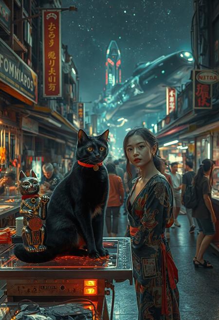 Setting is a futuristic cyberpunk street market at night, the market is comprised of street vendors selling robot parts, food, weapons, and robots. People wearing futuristic cyberpunk clothing are walking through the street market shopping and eating, A sleek black cat with red collar sits on a cluttered metal riveted desk with transparent top and micro-LED lighted computer components visible inside, On the desk is an ebony and gold maneki neko statue and futuristic art deco lighting, (((a beautiful woman, 24 years old, is standing in the foreground facing the viewer, she has an expression of interested curiosity)))))), the sleek black cat with red collar is sitting on the desk and watching the people walking by in the busy street market, the woman is dressed in futuristic cyberpunk Japanese style yukata with a plunging neck line alluring but Japanese classic aesthetic. An enormous art deco inspired starship with futuristic lighting and an enormous space station are visible in the background among the stars, The woman's hair is elegantly tied up with a ribbon. Artistic cyberpunk, dynamic perspective, (((overall architectural aesthetic is Art Deco Cyberpunk))).  Epic image that elicits a feeling of wonder and awe,
