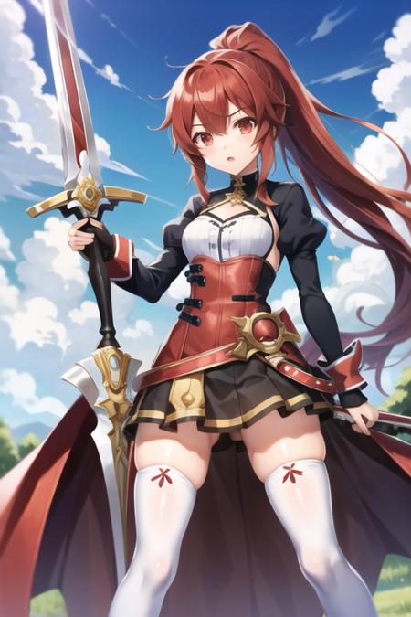 <lora:ElesisElsword-05:0.7>, elesis_el, 1girl, solo, long hair, skirt, red eyes, thighhighs, holding, ponytail, weapon, red hair, belt, sword, holding weapon, white thighhighs, zettai ryouiki