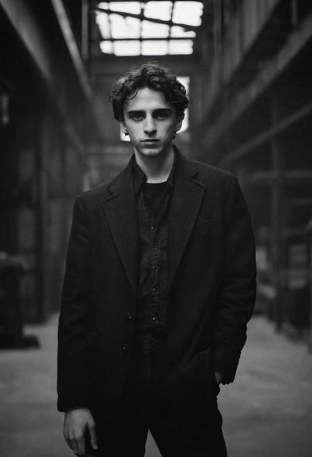 tyson_dayley <lora:tyson_dayley-08:0.75> , urban gritty location, posing in an industrial setting with steel beams,  Timothy tchalamet, natural lighting, dramatic directional lighting, bold confident mood, black and white Peter Lindbergh photography