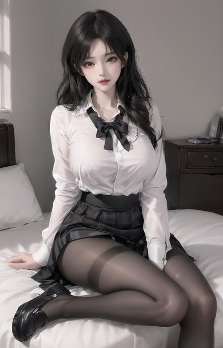 1girl,ultra detailed 8k cg, masterpieces, best quality, <lora:2.5D_sweetprettygirl_v1:0.75> pureerosface_v1,black hair,jk,black pantyhose,loafers, plaid skirt, black_footwear,school uniform,looking at viewer,class,day <lora:hsod:0.4> <lora:jk uniform:0.2>