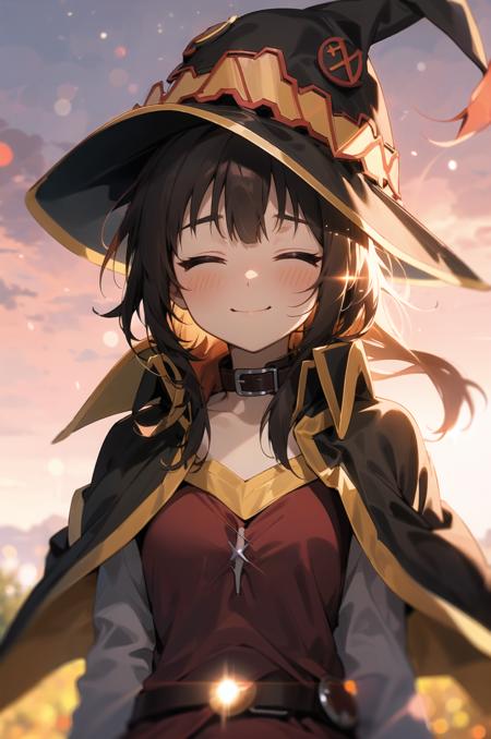 <lora:megumin_v2-000018:1>, megumin, megumindef, ^ ^, backlighting, blurry, blush, bokeh, cape, closed eyes, collar, depth of field, hat, lens flare, looking at viewer, smile, sunset,