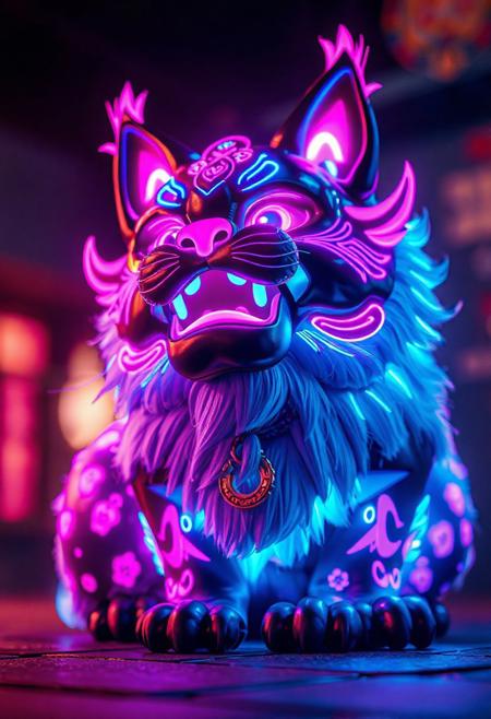 masterpiece, best quality, amazing quality, very aesthetic, high resolution, ultra-detailed, absurdres, newest,  photorealistic details, volumetric lighting, foo dog that's a cat, glowing details, black, blue, and pink coloration