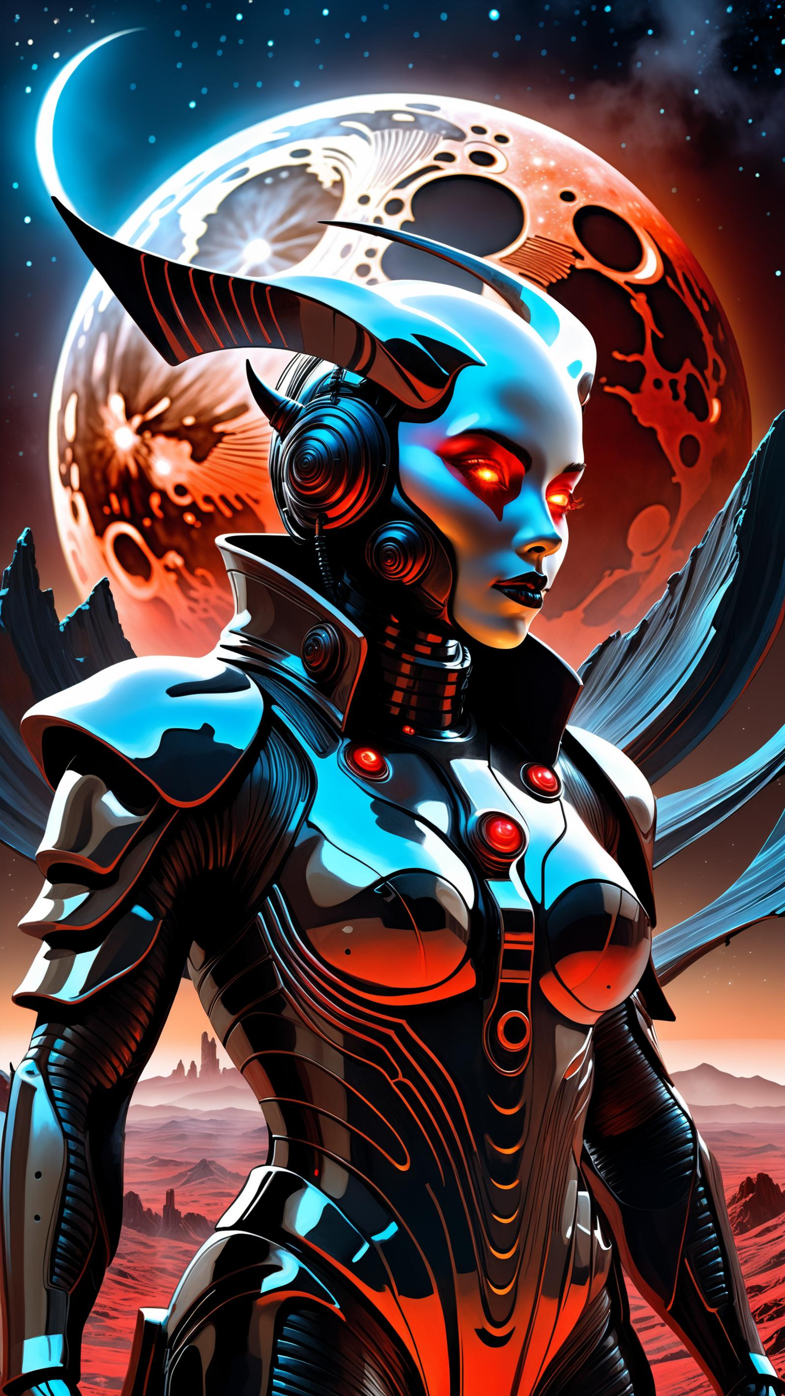 Futuristic Cyborg Woman with Glowing Eyes and Red Hair, Standing in Front of a Moon and Planet, with a Winged Creature on Her Shoulder.