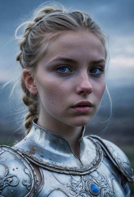 Close Up shot of  Cinderella as a little warrior, she IS a very young girl, blonde bun hairstyle, beautiful, blue dirt gown, White steel armour, wind, at night, fog, mist, castle at the background, National Geographic photography awarded masterpiece