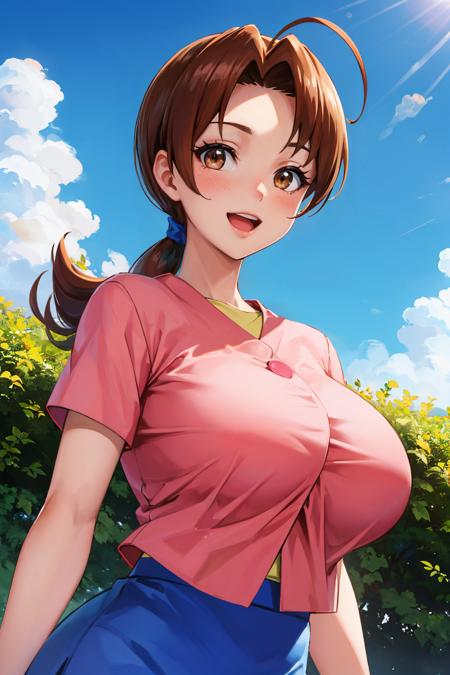 masterpiece, best quality, <lora:pkmndelia-nvwls-v1-000009:0.9> pkmnDelia, ponytail, pink shirt, blue skirt, smile, upper body, large breasts, house, blue sky, clouds, lawn, looking at viewer, :D, excited