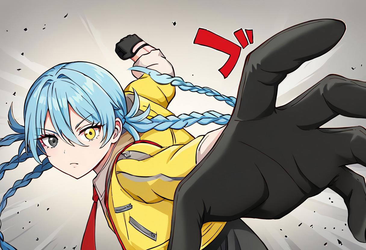 mzdate, heterochromia, grey eyes, yellow eyes, light blue hair, twin braids, looking at viewer, yellow vest, black gloves, red necktie, p3p3_punch, fist, incoming punch, verybadimagenegative_v1.3