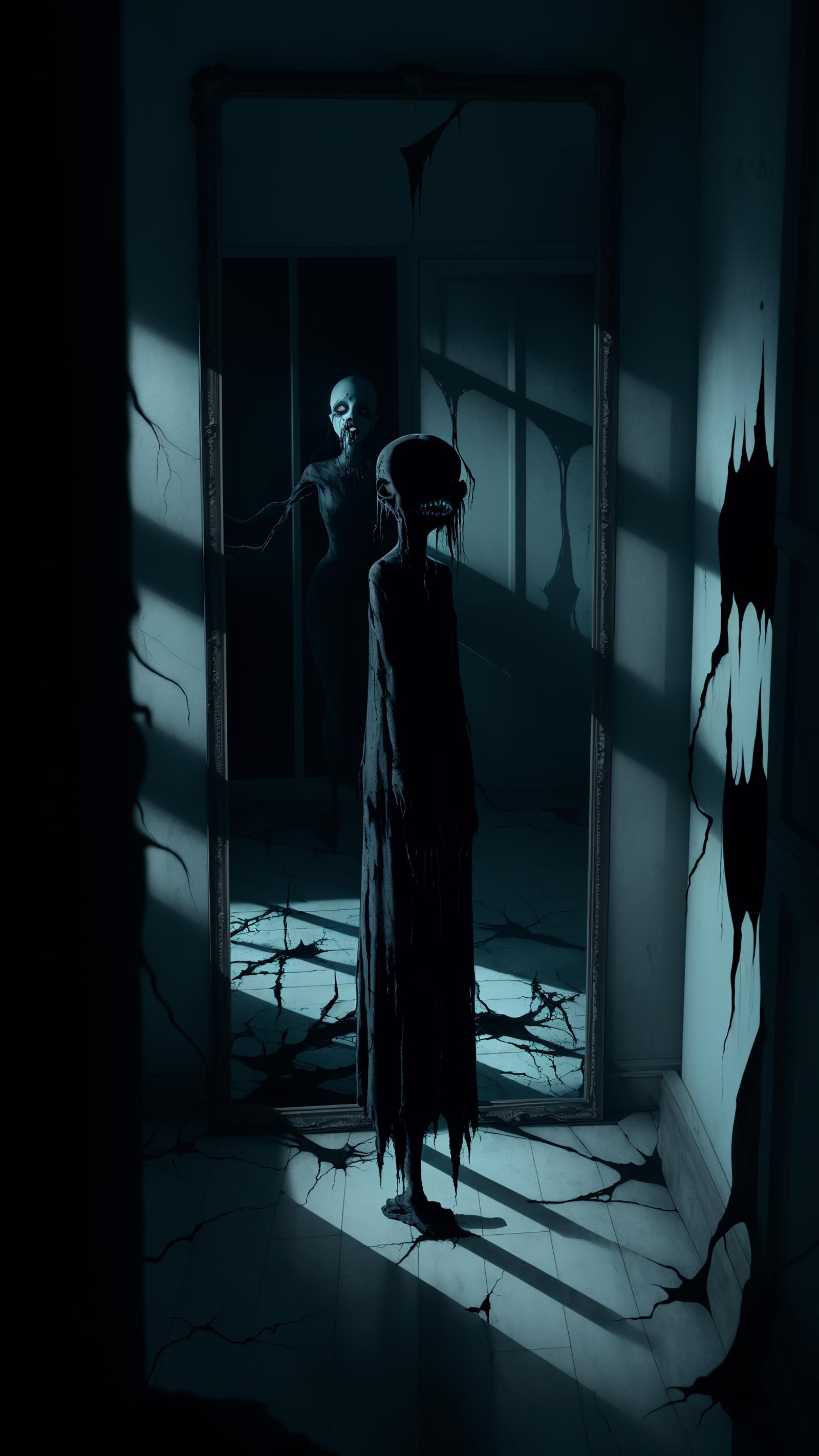 A darkly shadowed figure of a person stands in a dark room, reflected in a broken mirror.