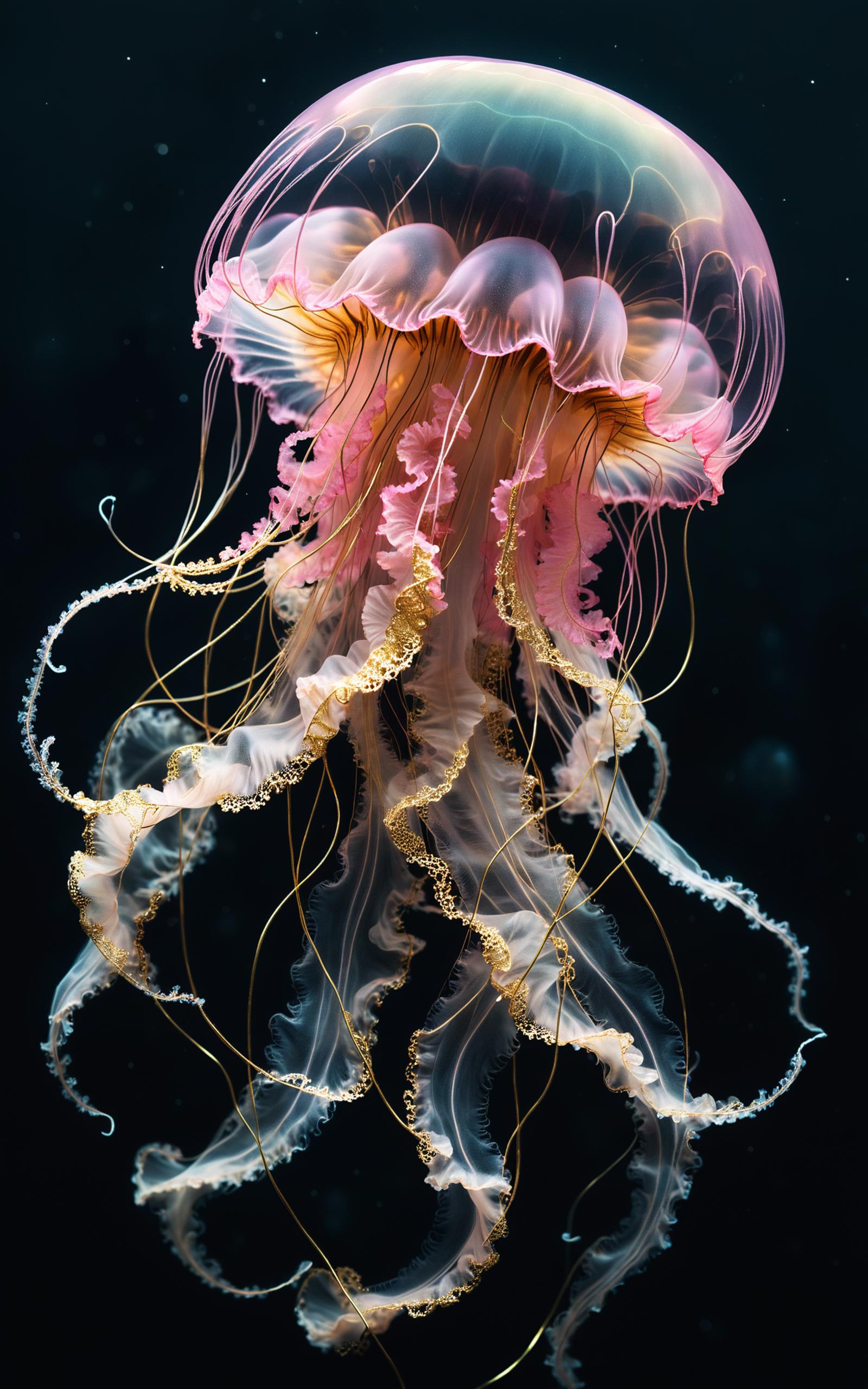 A close-up image of a large pink and white jellyfish floating in the ocean.