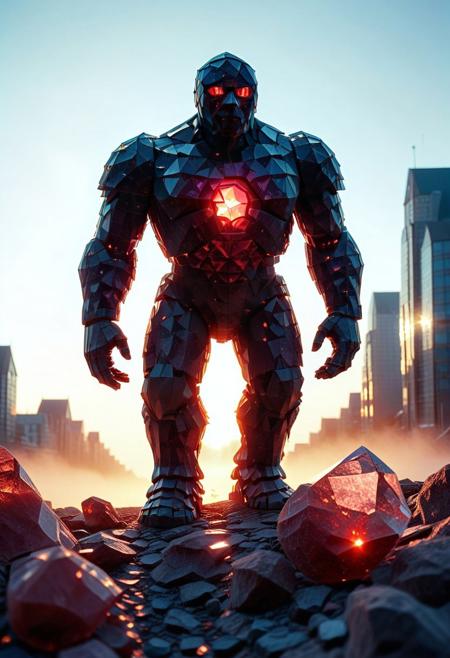analog photo, rp_slgd, Silhouette of a giant crystal golem in backlight, golem made of crystal cluster, Shines beautifully as light shines through, glowing eyes, hunchback, solo, Walking toward camera, retro color, fog, Unmanned, no human, Sunset, Evening, city, from below, extremely detailed,