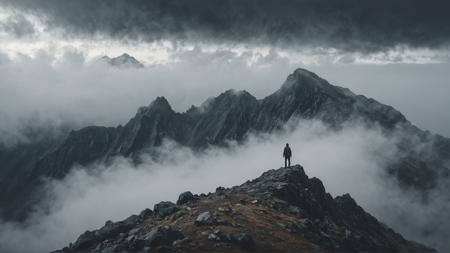 

A lone figure stands on a misty mountain peak, surrounded by dramatic clouds and rugged terrain, creating a sense of adventure and isolation.
