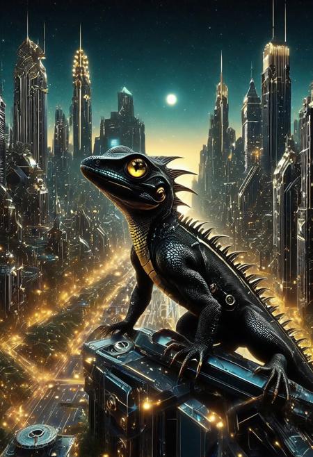masterpiece, best quality, very aesthetic, absurdres,(score_9, score_8_up, score_7_up), createconcept, addmicrodetails, RetroBG, epic background, nightsky cityscape landscapes with black and gold palting, a metallic mechanical black and gold (lizard), glowing eyes, vivid eye color, (beautiful eyes:1.2), (gradient iris, crisp iris edges), confident pose, action dynamic pose, lazypos