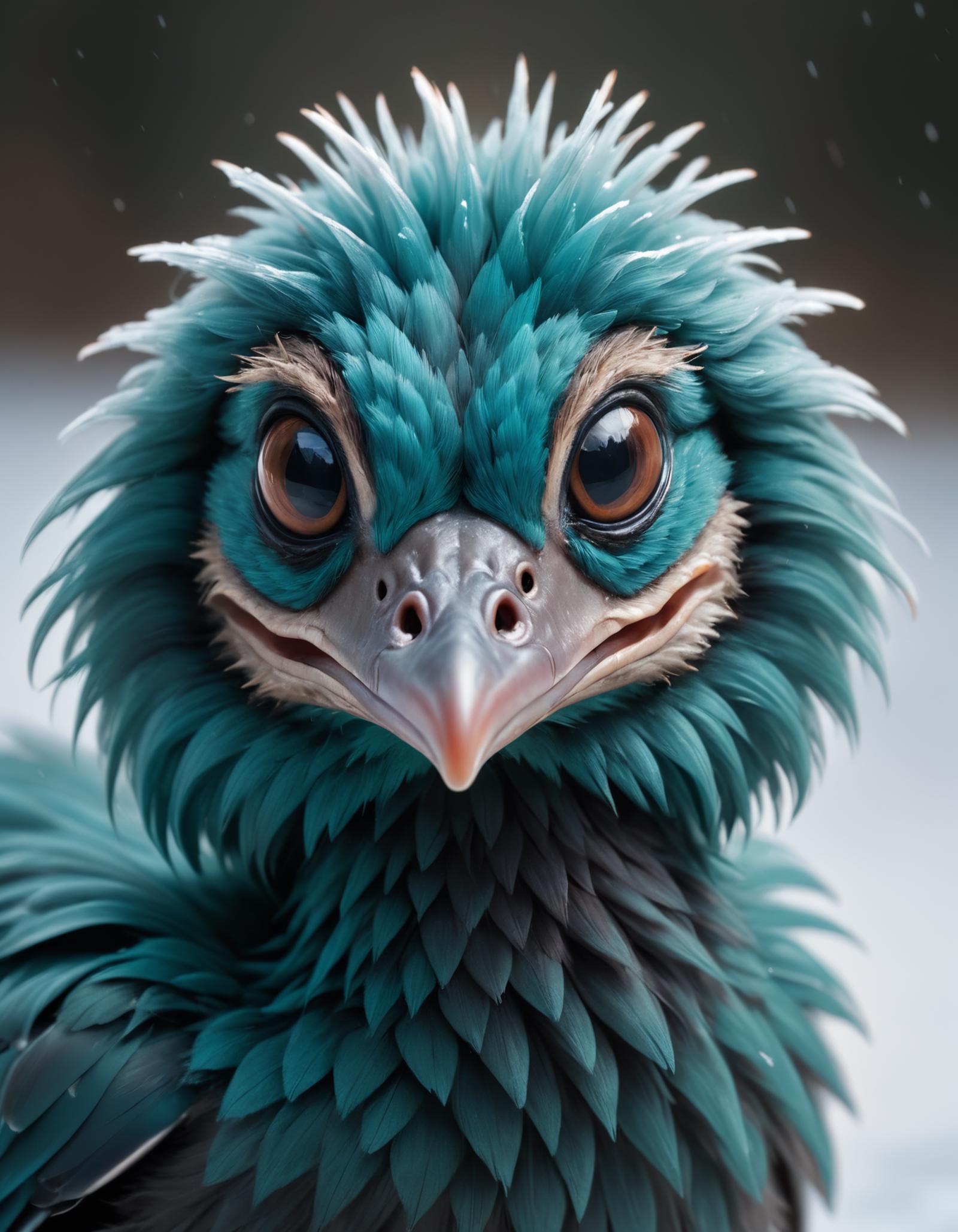 The head of a blue bird with a beak and long hair.