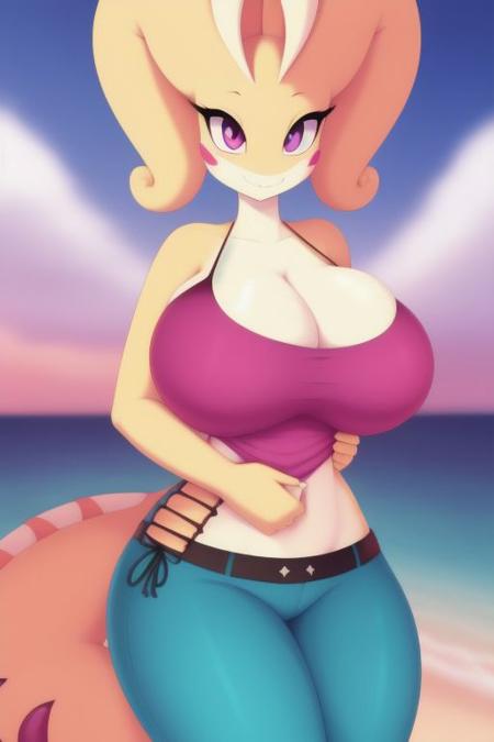 ((masterpiece,best quality)),best res,(large breasts:1.3),good anatomy,cute,(sexy:1.3),very cute face,hot,blushing,female,smiling,very detailed,4k,happy,blushing,,full body,smiling,looking at viewer,standing,ScorpiorusDD,middle of a beach,purple shirt,pants,