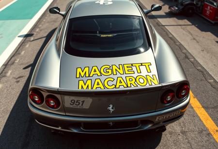 High angular shot of a 1999 ferrari 550 Maranello on a racing pit lane. It has some racing modifications. On the bonet we can see a big logo that says "MAGNETTI MACARONI" with yellow letters on two lines